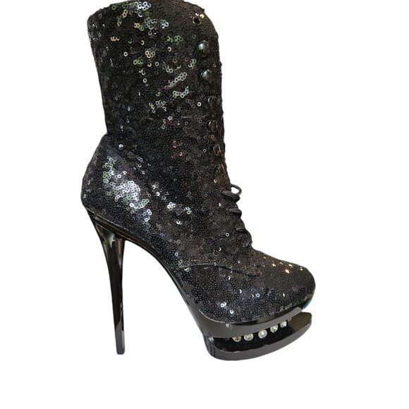 Pleaser Shoes - Pleaser Blondie R 1020 Womens Sz 8 Black Sequin Lace-Up Stiletto Platform Boots